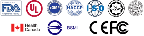 Certification logos: FDA, UL, cGMP, HACCP, ISO, Halal, Health Canada, BSMI, CE, FCC